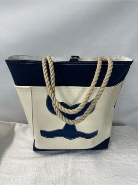 Navy and Cream Rope-Handle Tote Bag